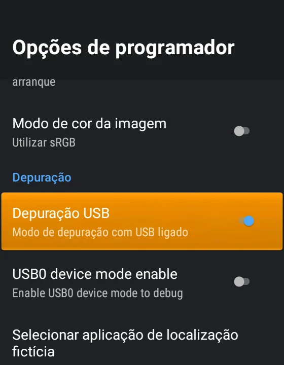 Opções de programador → Depuração USB